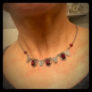 Silver tone antique style necklace red stones